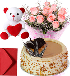 send 1Kg Butterscotch Cake Pink Roses Bouquet Teddy delivery